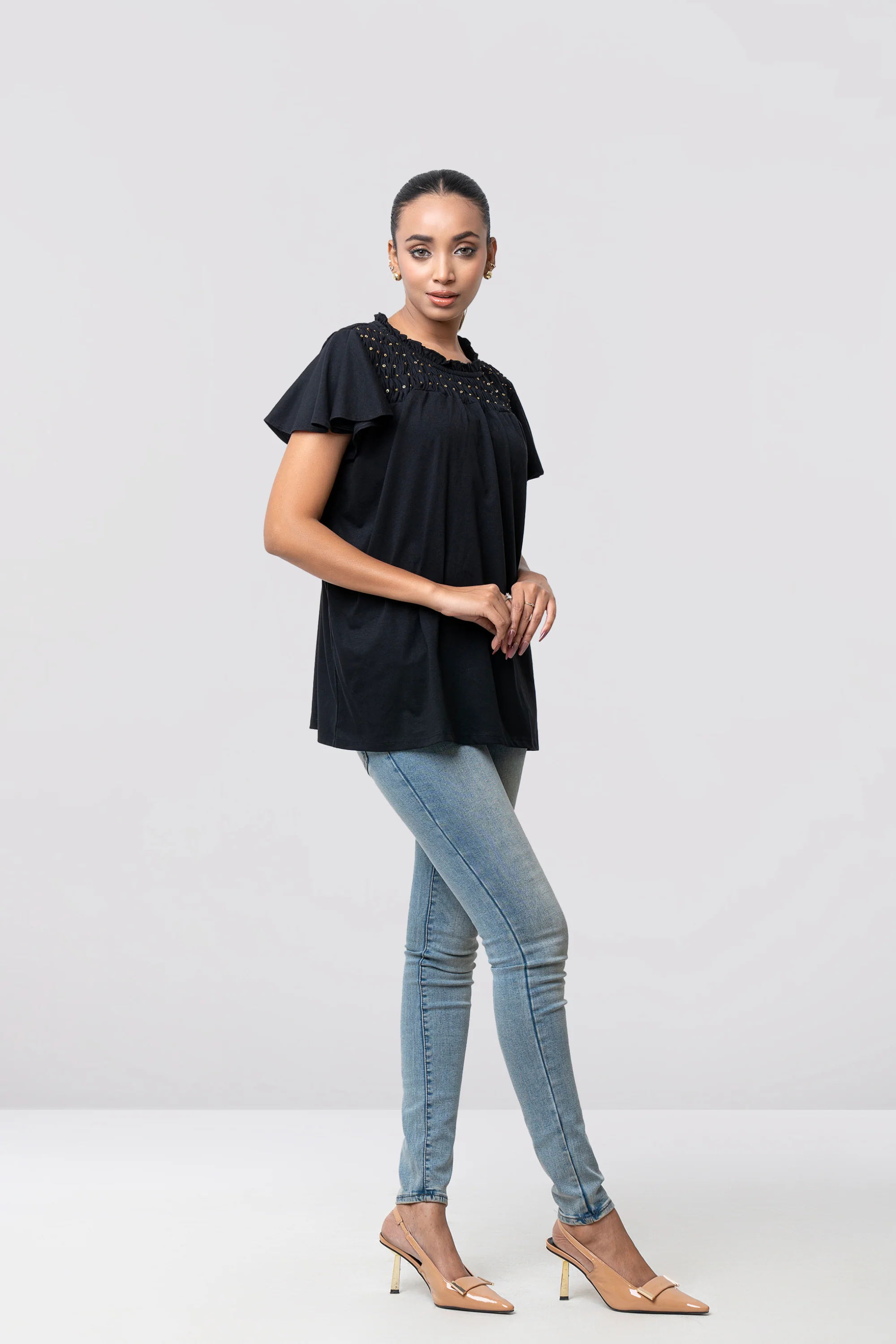 Regular Fit Cap Sleeve T-Shirt with Sequin Front Yoke - Image 3