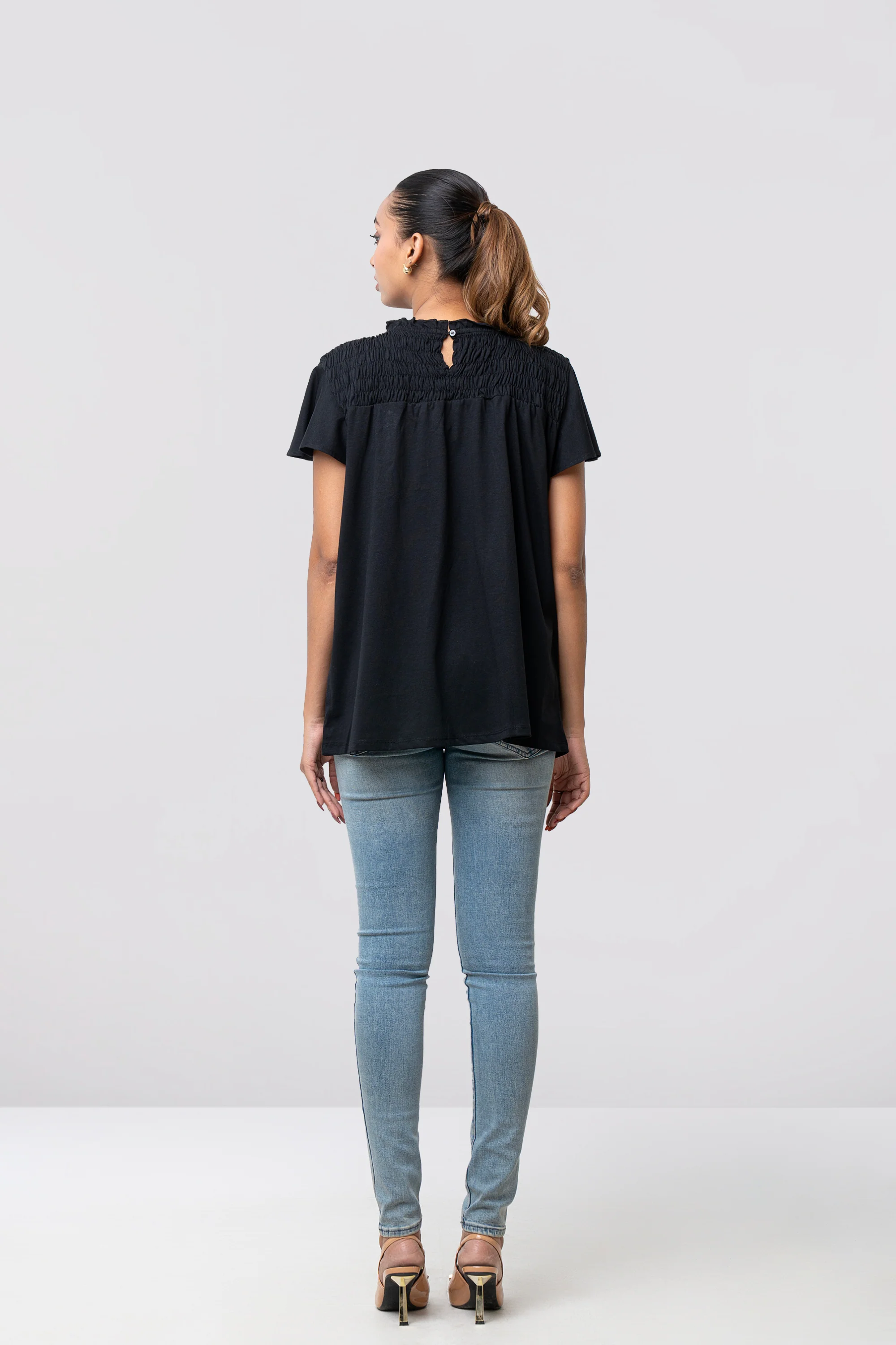 Regular Fit Cap Sleeve T-Shirt with Sequin Front Yoke - Image 4