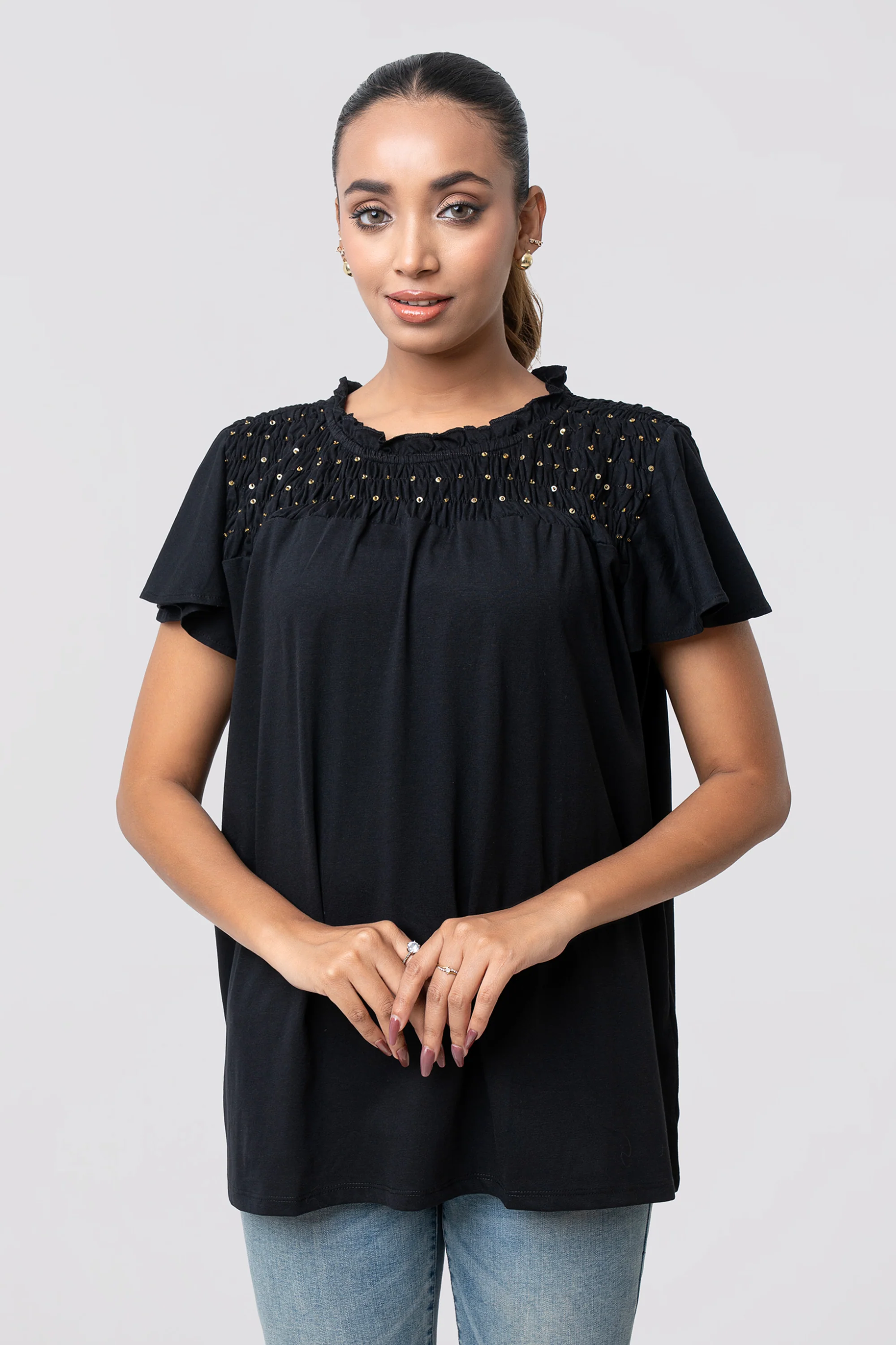 Regular Fit Cap Sleeve T-Shirt with Sequin Front Yoke - Image 5