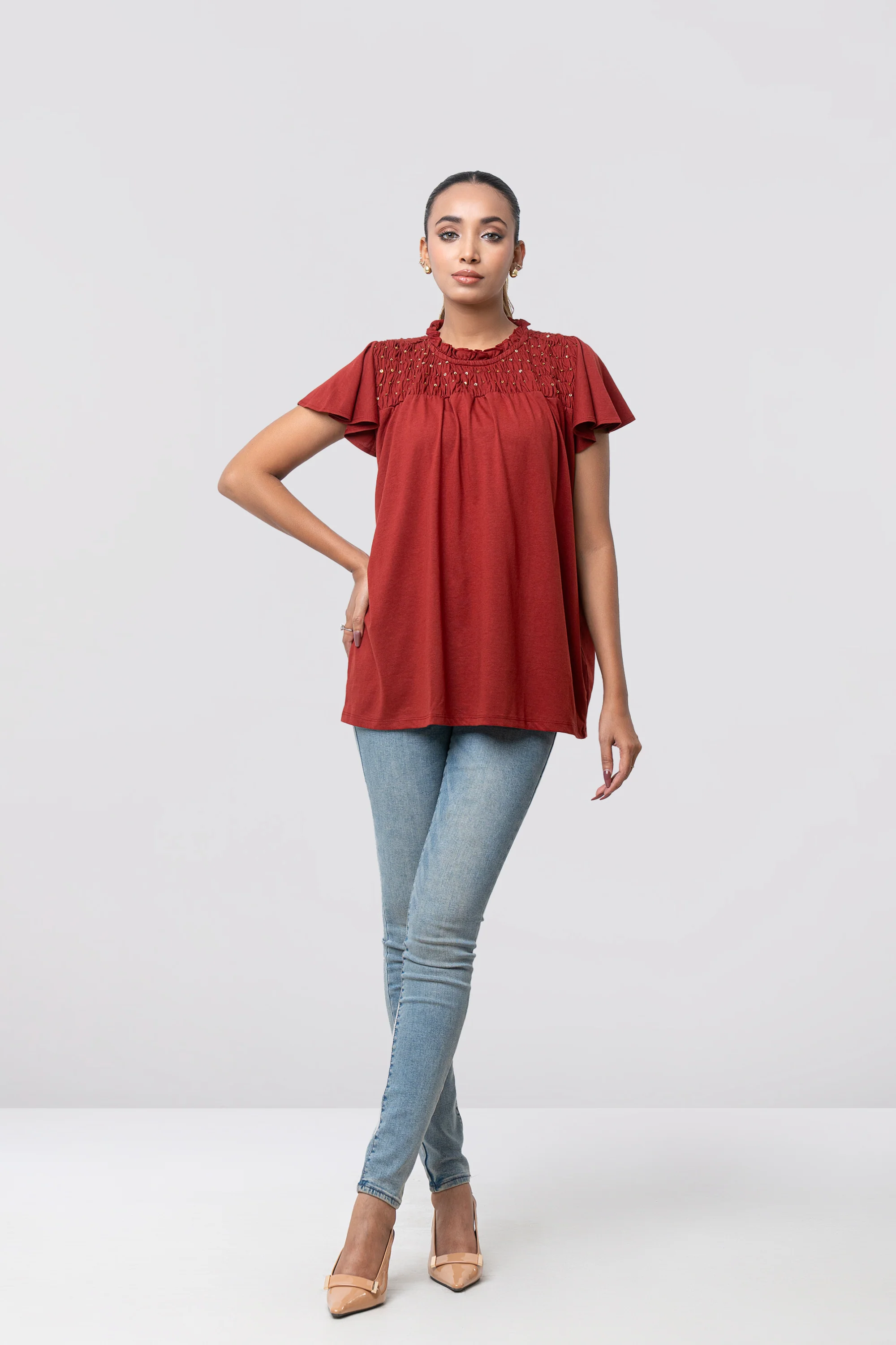 Regular Fit Cap Sleeve T-Shirt with Sequin Front Yoke - Image 7