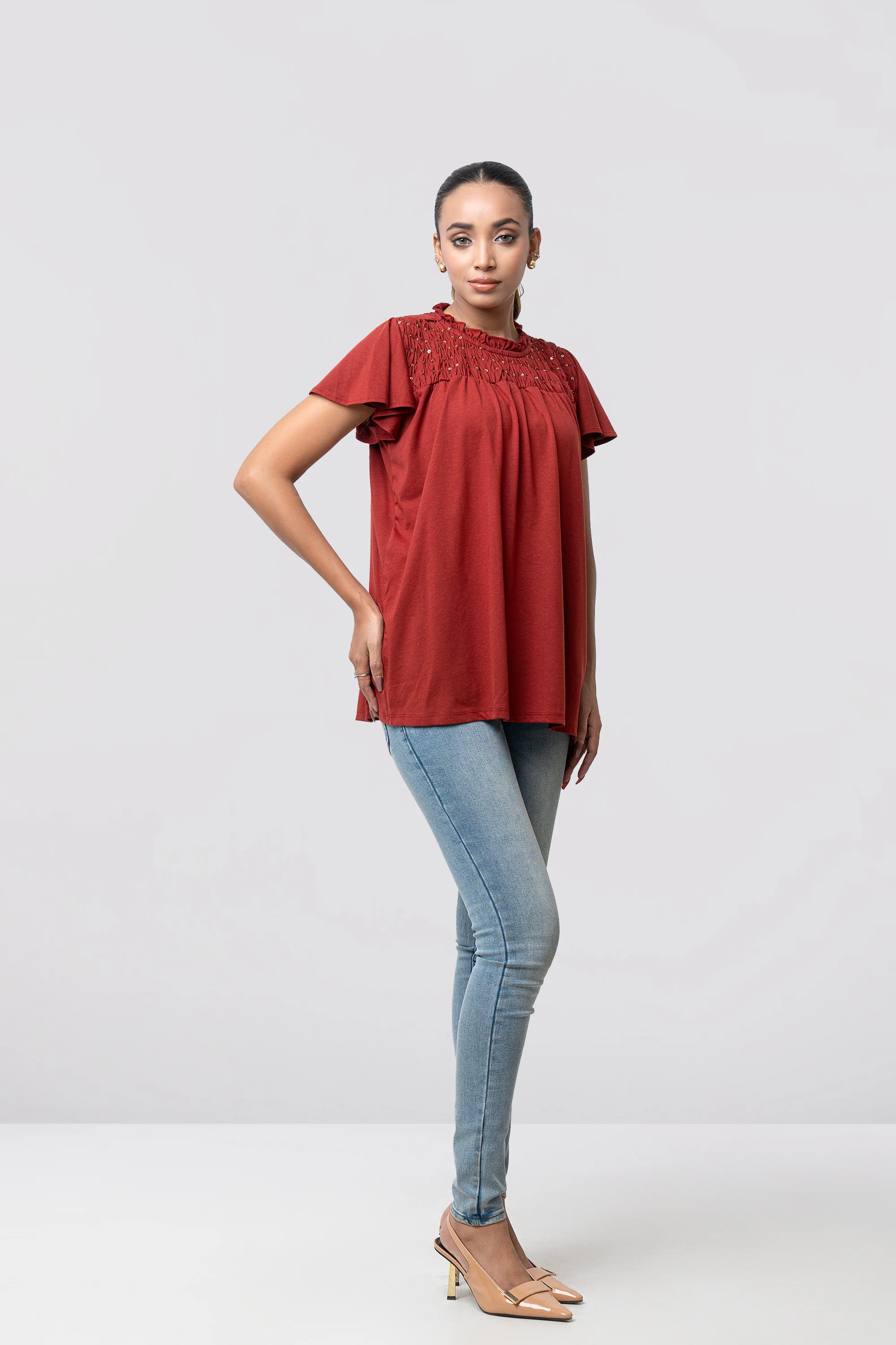 Regular Fit Cap Sleeve T-Shirt with Sequin Front Yoke - Image 9