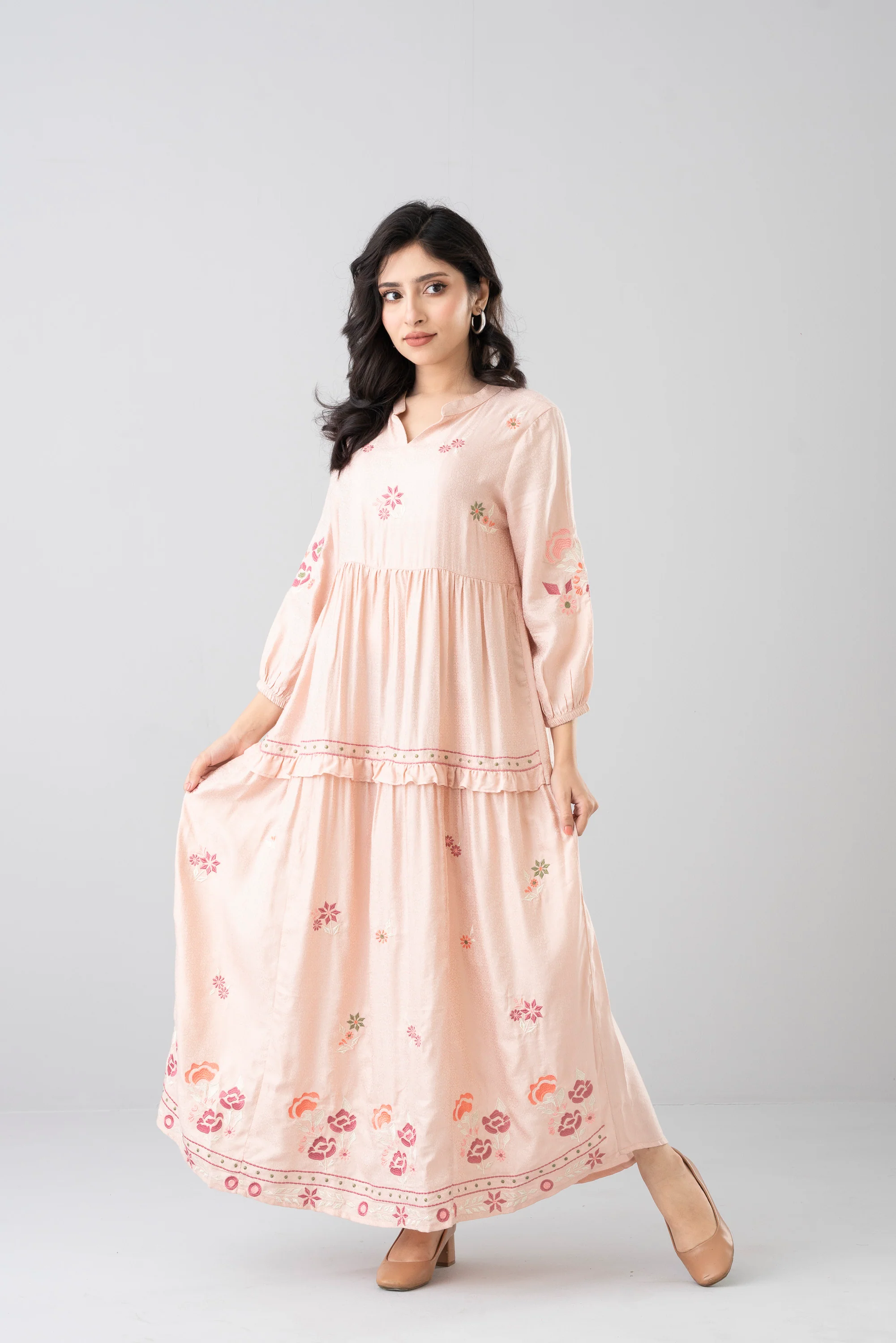 Floral Embroidered Jacquard Long Dress - Image 7